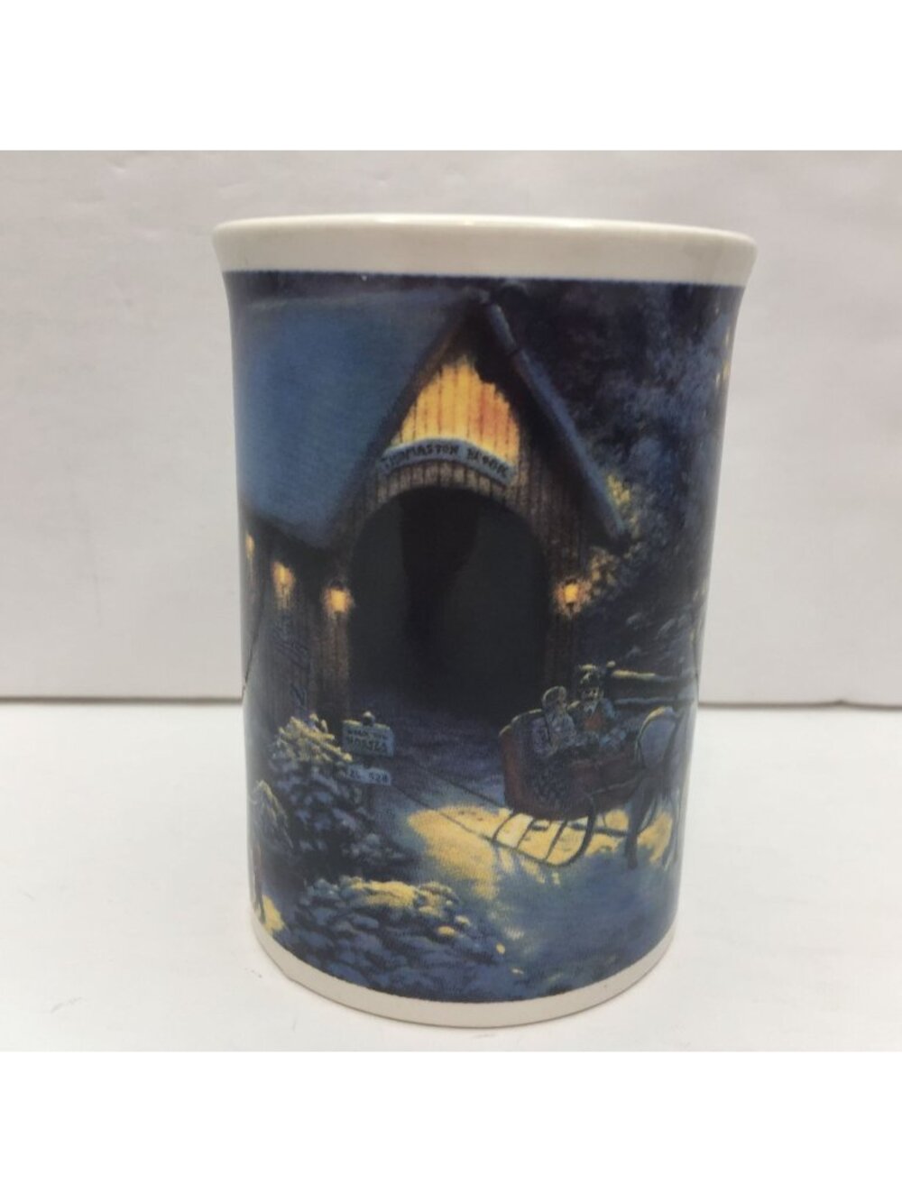 Vtg Thomas Kinkade Winter Evening Memory Covered Bridge Horse Sleigh Coffee Mug